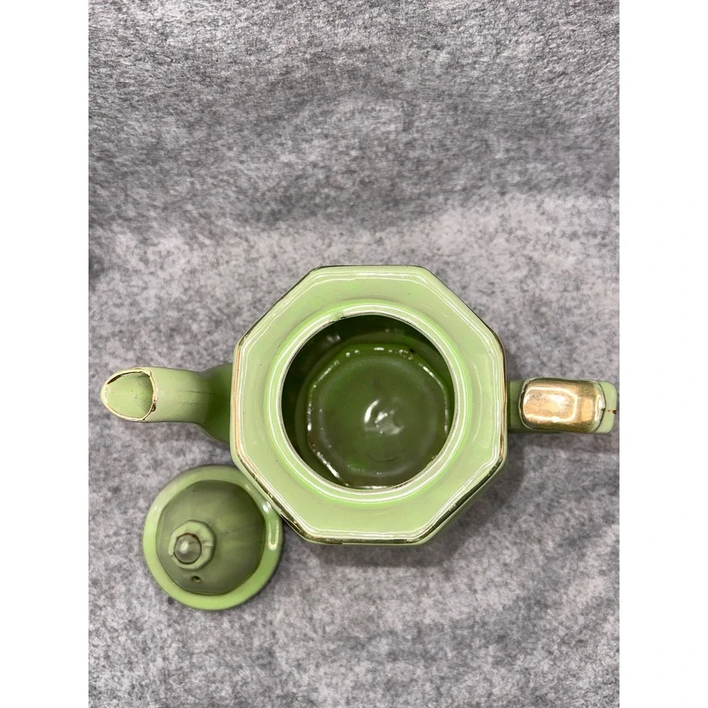 Vintage Green Octagonal Ceramic Teapot Gold Gilt Lattice Art Deco Style Lid